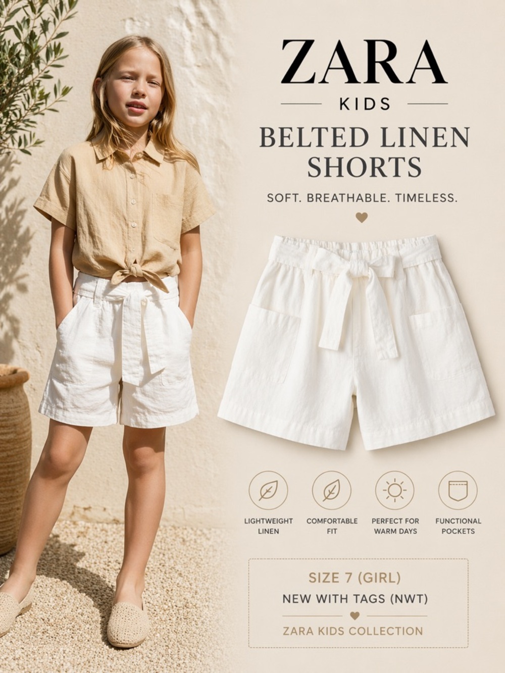 ZARA Kids Oyster White Belted Linen Shorts NWT Girl Size 7